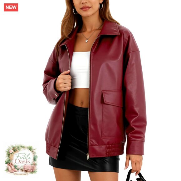 Jackets & Blazers - Oversized Faux Leather Motorcycle Jacket Biker Bomber Y2K Trendy Outerwear